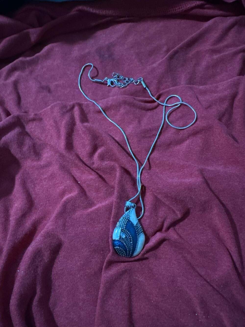Vintage Art Deco Style Blue and Silver Enamel Teardrop Pendant Necklace